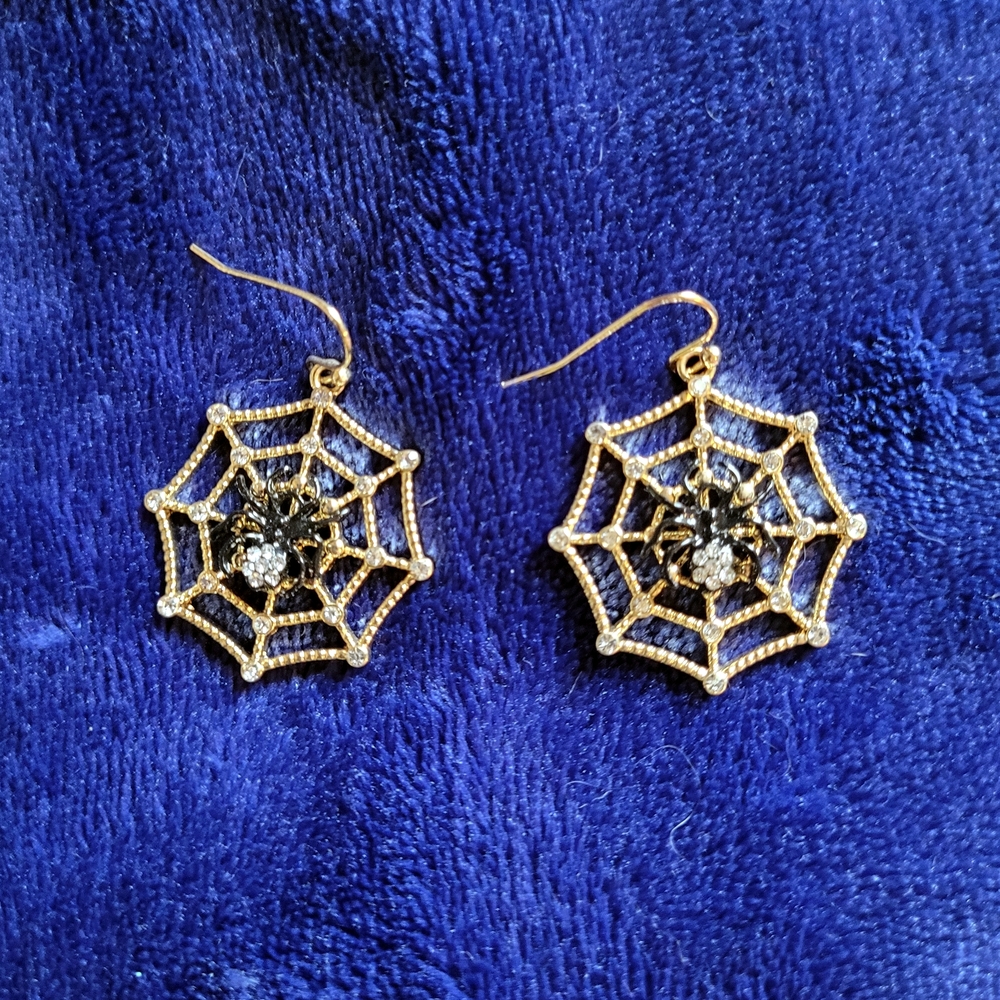 Vintage Black Spider Multi Rhinestone Spiderweb Gold Earrings